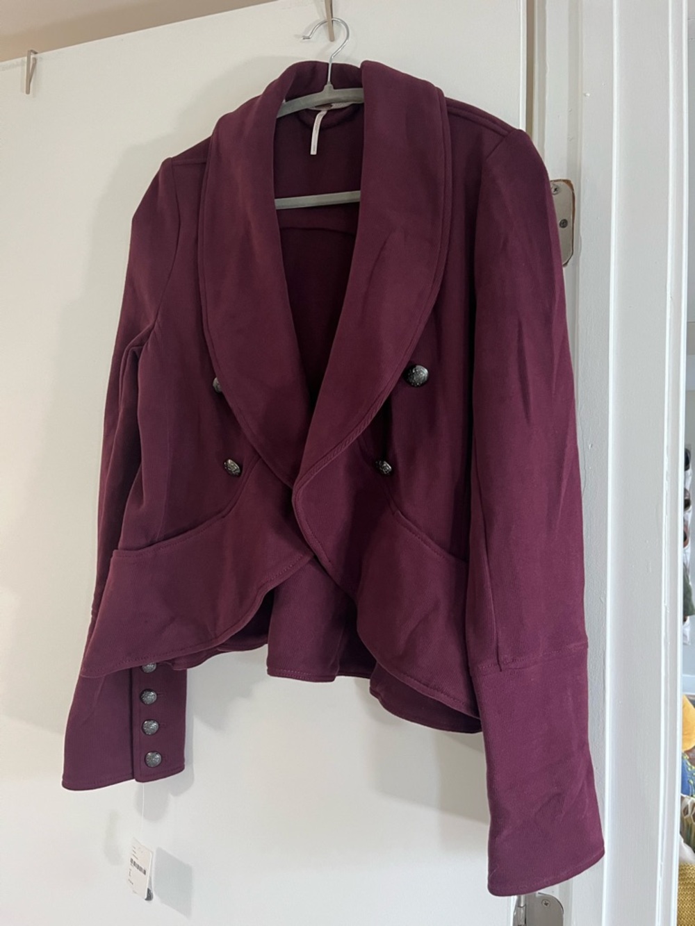 Free People Shawl Collar Cotton Jacket in Burgundy